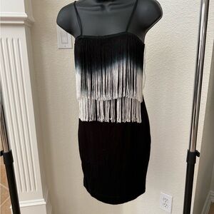 VENUS Black and White Fringe Mini Dress